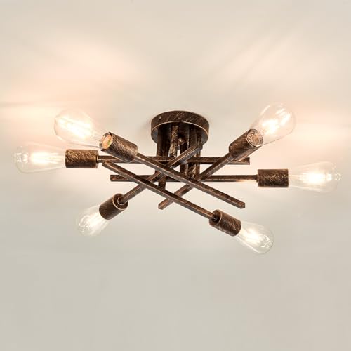 6 Lights Semi Flush Mount Ceiling Light Fixture Vintage Modern Bronze Matte Sputnik Chandelier Farmhouse Ceiling Lamp for Kitchen Bedroom Dining Room Living Room Entryway