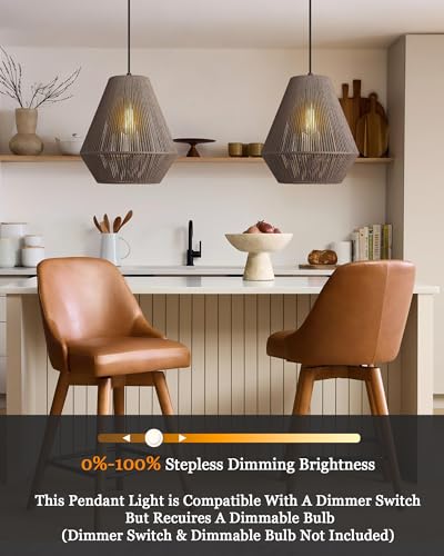 12” Woven Japandi Pendant Light for Kitchen Island Boho Hanging Lamp with Handwoven Rattan Basket Shade Adjustable Pendant Light Fixtures for Dining Room Bar Bedroom Foyer Hallway Dark Brown