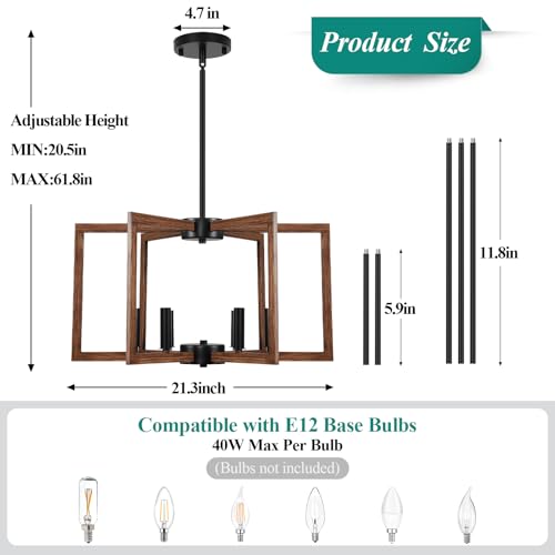 20" 62" Height Adjustable Wood Grain Kitchen Chandelier for Dining Room