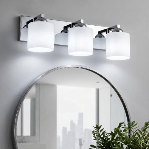 3 Light Chromed Bathroom Vanity Light with White Glass Shades