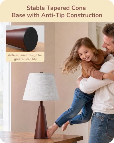 Farmhouse Table Lamp with Tapered Mahogany Wood Base