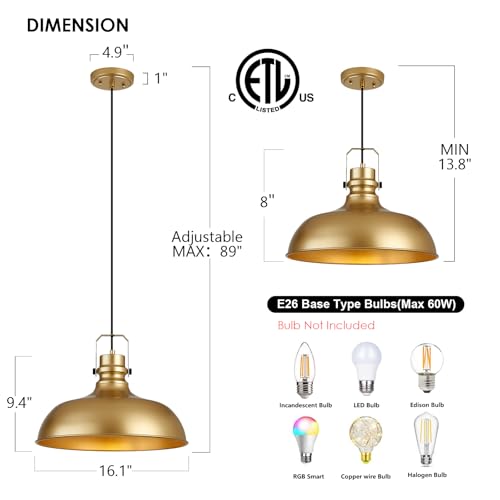 Gold Farmhouse Pendant Lights for Kitchen Island 16 Inch (2 Count)