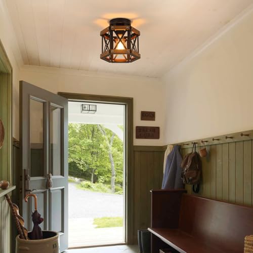 Rustic Farmhouse Wood Flush Mount Ceiling Light Fixture Oak Wood and Metal Hexagon Cage Small Semi Flush Mount Ceiling Light for Kitchen Hallway Entryway Bedroom Farmhouse Country (Small 1 light)
