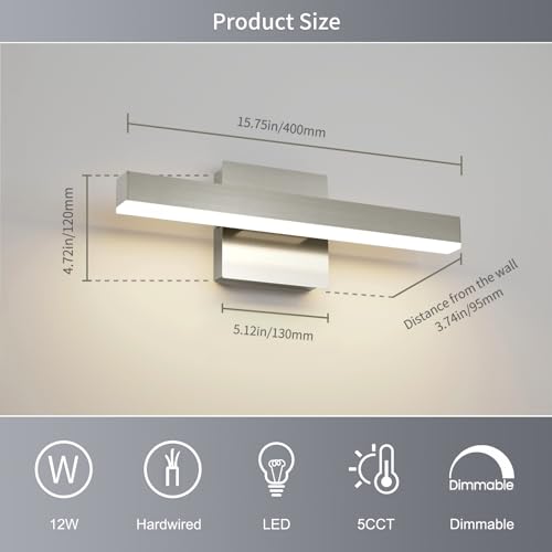 Bathroom Light Fixtures Brushed Nickel Vanity Lights Bar 5cct Dimmable Modern Bath Lighting Fixture Over Mirror Led Vanity Light for Bathroom 15.74 inch ETL Certificated
