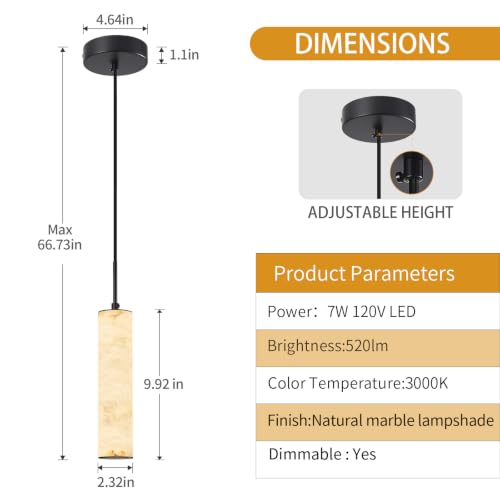 Black Natural Alabaster Long Tube Kitchen Island Pendant Lights