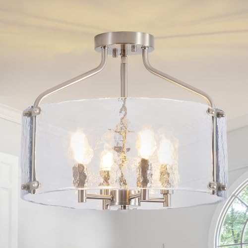 Brushed Nickel Semi Flush Mount Ceiling Light Fixture 16'' Glass Chandelier