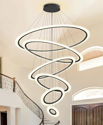 Modern LED Dimmable Chandelier 6 Ring High Ceiling Large Chandelier for Living Room Hanging Light Fixture for Foyer Staircase Black