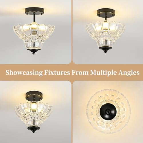 Black Semi Flush Mount Light with Floral Class Shade (Black)