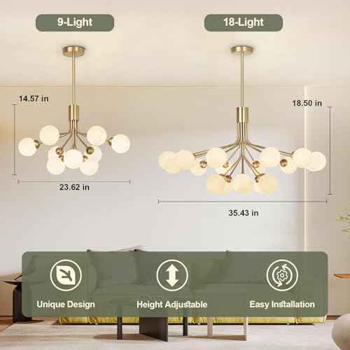 Depuley Bubble Ball Sputnik Chandelier: 18-Light Glod Modern Mid-Century Chandeliers for Dining Room - Milky White Glass Ceiling Light Fixture Height Adjustable Kitchen Over Table Included G9 Bulbs