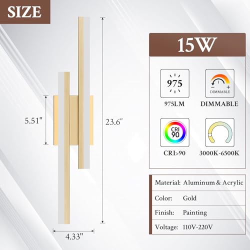 LED Wall Sconce Set of 2 Gold Remote Modern LED Vanity Lights Set of 2 Indoor Wall Light Fixtures for Living Room