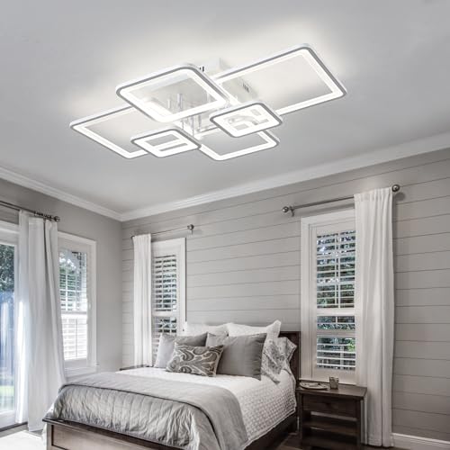 Modern LED Ceiling Lights for Bedroom Dimmable Modern 6 Ring Square Ceiling Lights for Living Room with Remote Control White Bedroom Ceiling Lamp Fixures for Kitchen