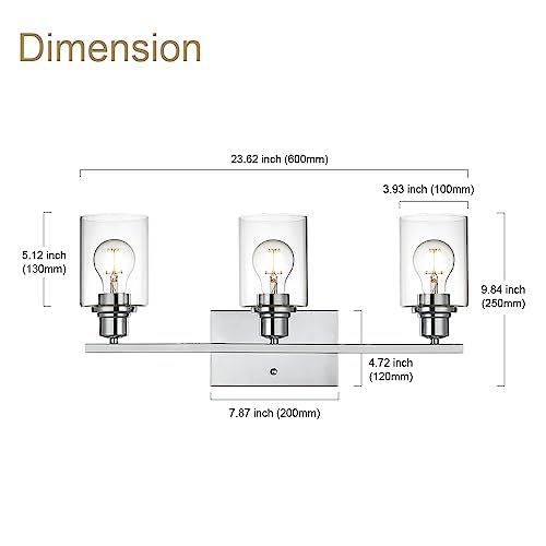 3 Light Wall Light Fixture with Clear Glass Shade Classic Bathroom Vanity Lighting Fixture in Chrome Finish Metal Wall Mounted Lamp for Powder Room Hallway (3 Count)