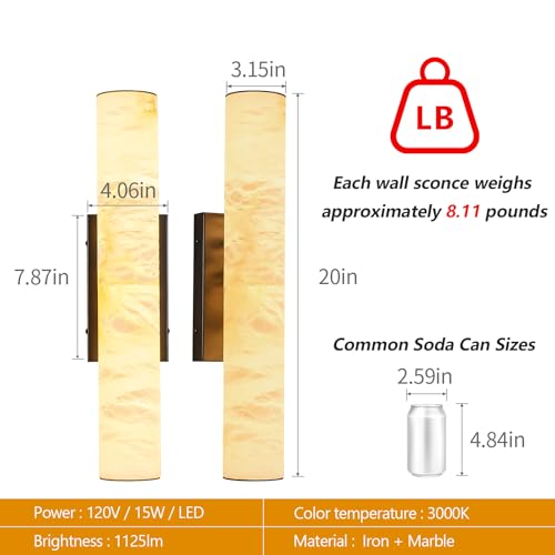 Natural Alabaster Wall Sconces Set of Two Spanish Marble Wall Light Cylinder Modern Black LED Sconce for Living Room Bedroom Bathroo Stairs（S (2 Count)