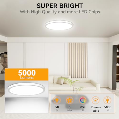 5CCT 3000k//3500k/4500k//5000k/6000k Selectable, Dimmable Led Flush Mount Ceiling Light, 20 Inch 5000LM Round Modern Flat Panel,Super Slim for Living Dining Kitchen Bedroom Room