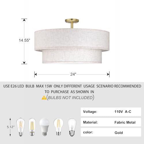 2 Tier 24" Cream Drum Fabric 5 Light Gold Semi Flush Mount Ceiling Light for Living Room Dining Room Bedroom Hallway