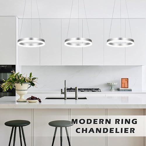 12" Nickel Led Ring Chandelier Ring Modern Led Chandelier 3 Pack Modern Pendant Lights Led Pendant Lights Adjustable Height Light Contemporary Light Fixture for Kitchen Island Dining Room