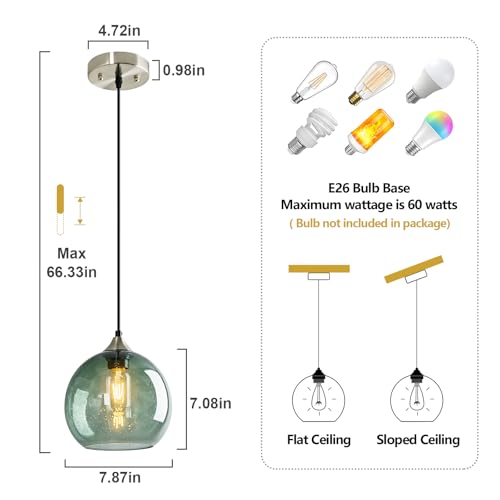 Gray Green Glass Pendant Lights Kitchen Island Lighting Globe Pendant Light Fixtures Modern Pendant Lighting for Kitchen Island Bedroom Living Dining Room Light Fixture