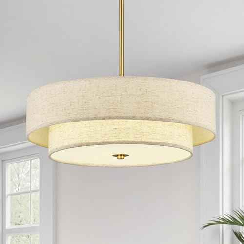 VONLUCE 18" Modern Drum Chandelier, 4-Light 2-Tier Linen Pendant Light | Brushed Gold Finish with Adjustable Height Hanging Light Fixture for Dining Room Bedroom Living Room