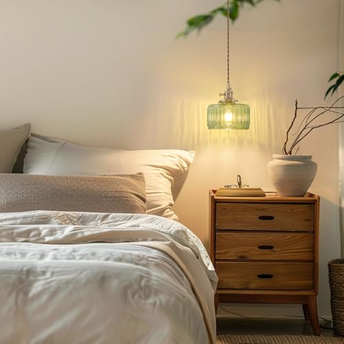 Pendant Light with Green Striped Glass Lmapshade