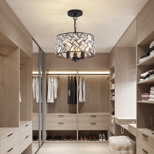 lobolighting Black Crystal Chandelier, 11'' Modern Chandelier, 3-LightSemi Flush Mount Ceiling Light Fixture for Dining Room Foyer Hallway