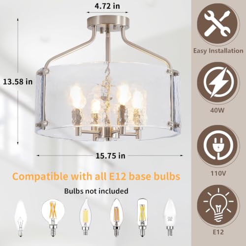 Brushed Nickel Semi Flush Mount Ceiling Light Fixture 16'' Glass Chandelier
