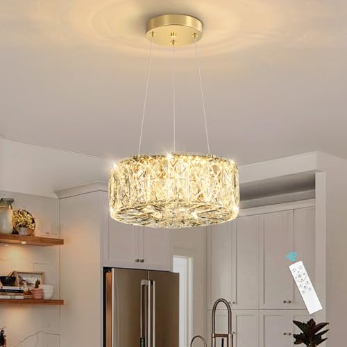 Modern Crystal Chandelier for Dining Room Dimmable LED Pendant Ceiling Light Fixtures with Remote for Entrance Bedroom Kitchen Island Gold