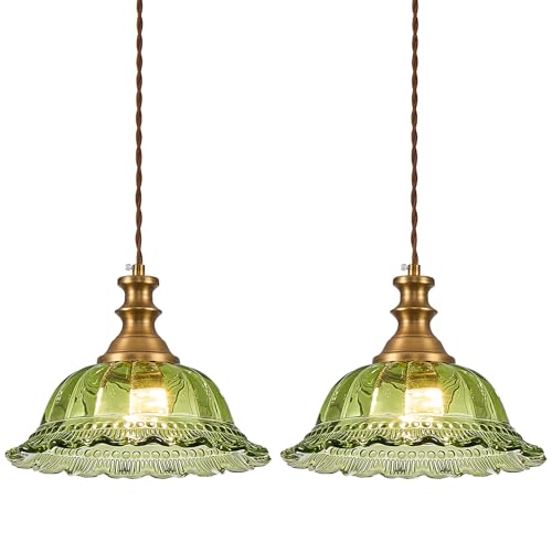 Glass Pendant Lights Modern Pendant Lighting Fixtures Hanging Lamp for Kitchen Island Bedroom Dining Room Coffee Shop Hallway Green and Brass 2 Pack (2 Count)