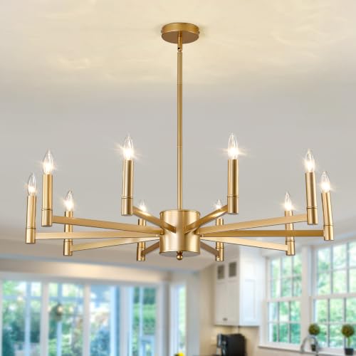 10 Light Gold Candle Chandeliers Modern Farmhouse Ceiling Light Fixture Industrial Lighting for Dining Room Living Room Bedroom Kitchen