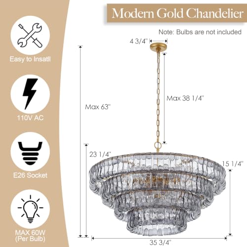Dia 35.75 Inches Modern Smoke Gray Glass Chandelier for Dining Room
