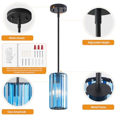 Modern Crystal Pendant Light Mini Light Blue Chandeliers Adjustable Pendant Lights Fixture for Kitchen Island Dinning Room Corridor Bedroom