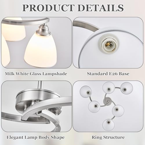 6 Light Brushed Nickel Chandelier Modern Farmhouse Dinner Room Light Fixture with Frosted Glass Lampshade (6 Count)