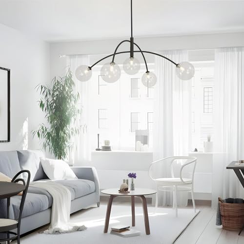Mid Century Modern Sputnik Chandelier Adjustable 5 Light Pendant Light Fixture Clear Glass Black Ceiling Chandelier for Dining Room Kitchen Bedroom