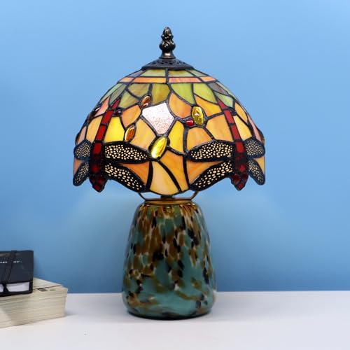 Tiffany Mushroom Table Lamp Dragonfly Style Yellow Stained Glass Accent Lamp Brown Blue Glass Base 8X8X12 Inch