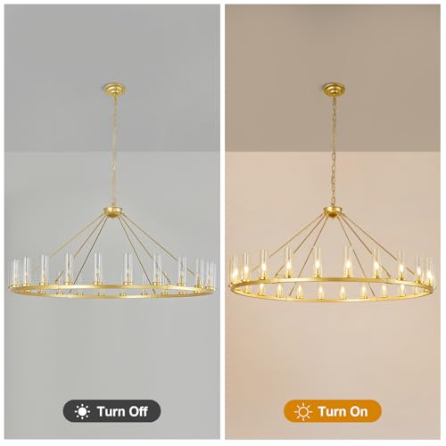 24 Light Large Wagon Wheel Chandelier with Clear Glass Shade Gold Round Pendant Light Farmhouse Industrial Chandeliers Dining Room Light Fixture for Stair Living Room Foyer Kitchen