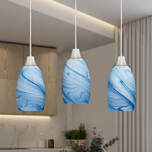 Mini Glass Pendant Light with Handblown Blue Marble Art Glass Shade Adjustable Cord Modern Oval Lamp Ceiling Pendant Light Fixture for Dining Room (3 Count)