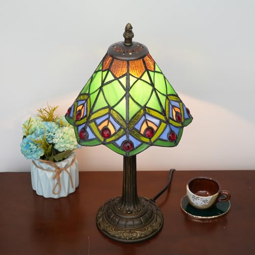 Green Small Tiffany Lamp Stained Glass Table lamp Peacock Tail Bedroom Bedside Light for Living Room Dormitory Bar Retro Style Unique Cute funky Accent Decor Cottage 8" Village gift Nightstand Lamp