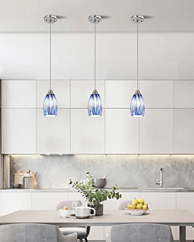 Dark Blue Glass Mini Pendant Lights for Kitchen Island 3Pack Blown Art Glass Pendant Lighting Shade Hanging Pendant Lights with Brushed Nickel Finish for Kitchen Over Sink
