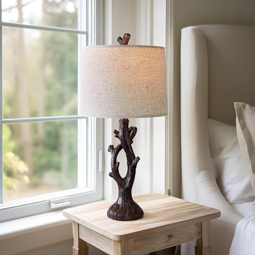 25" Farmhouse Table Lamp Set of 2 for Living Room Bedroom Resin Bedside Tree Lamp Nightstand End Table Lamps Vintage Natural Style (2 Count)