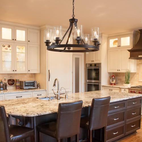 8 Light Farmhose Chandelier for Dining Room Light Fixture Oil Rubbed Bronze Kitchen Pendant Light Round Rustic Ceiling Hanging Lighting with Glass Globes Adjustable Height Metal E26