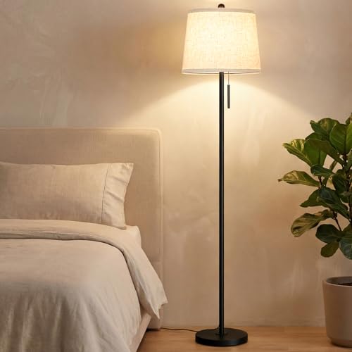 Upgraded】 Modern Black Floor Lamp 63in Standing Lamp for Living Room Bedroom Office 3 Way Brightness Dimmable Tall Pole Light with Beige Linen Shade Metal Shade 8W 3000K LED Bulb Included