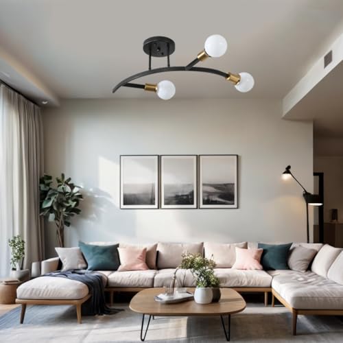 3 Lights Modern Sputnik Semi Flush Mount Ceiling Light Fixture Black and Gold