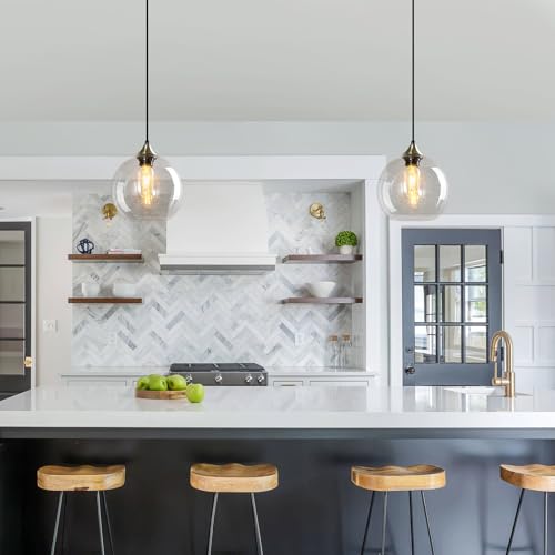 Clear Glass Pendant Lights Kitchen Island Lighting Globe Pendant Light Fixtures Modern Pendant Lighting for Kitchen Island Bedroom Living Dining Room Light Fixture (2 Count)