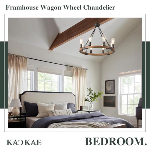 Farmhouse Wagon Wheel Chandelier 23.6" Oak Wood Chandelier Light Fixture 8