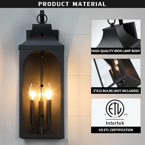 22-Inch 3-Light Outdoor Porch Wall Lantern, Black Exterior Light (2 Count)