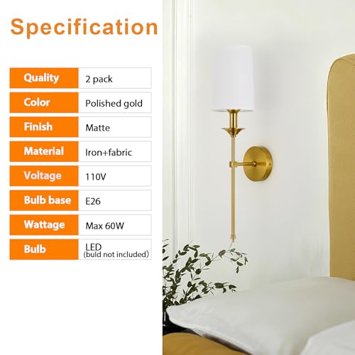Hardwired Wall Sconces Set of 2 Candle Gold Wall Light for Bedroom Living Room Vanity Hallway Farmhouse Wired Bathroom Sconce (2 Count)