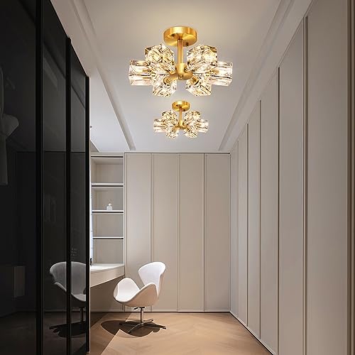 Semi Flush Mount Ceiling Light Fixture Modern 6 Lights Gold Crystal Chandelier