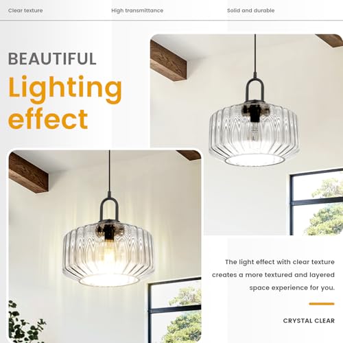 Clear Glass Pendant Light Fixture Kitchen Island Farmhouse Dining Room Pendant Lights Striped Wave Globe Lamp Shade Black Metal Light fixtures Modern Glass Ceiling Hanging Lighting