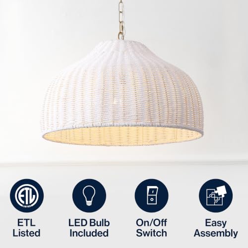 Eliza 20" Bohemian White & Brass Gold Woven Rattan Dome Pendant