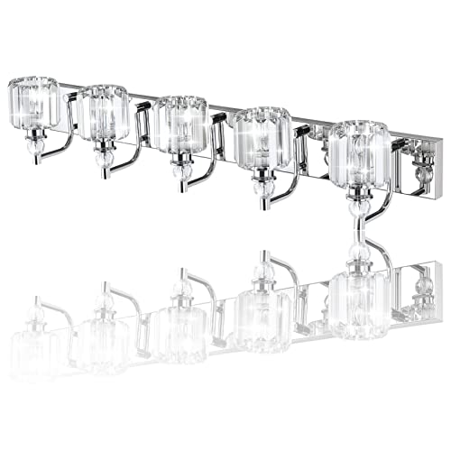 Modern Crystal Vanity Lights 5 Light 40" Modern Crystal Bathroom Lights Fixtures Over Mirror Stainless Steel Chrome Vanity Light for Bathroom Wall Lights Fixtures