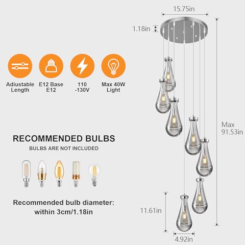 Raindrop Pendant Lights Kitchen Island Teardrop Chrome Hanging Light Fixtures Clear Solid Glass Pendant Light Modern Chandeliers for Dining Room Porch Corridor Living Room